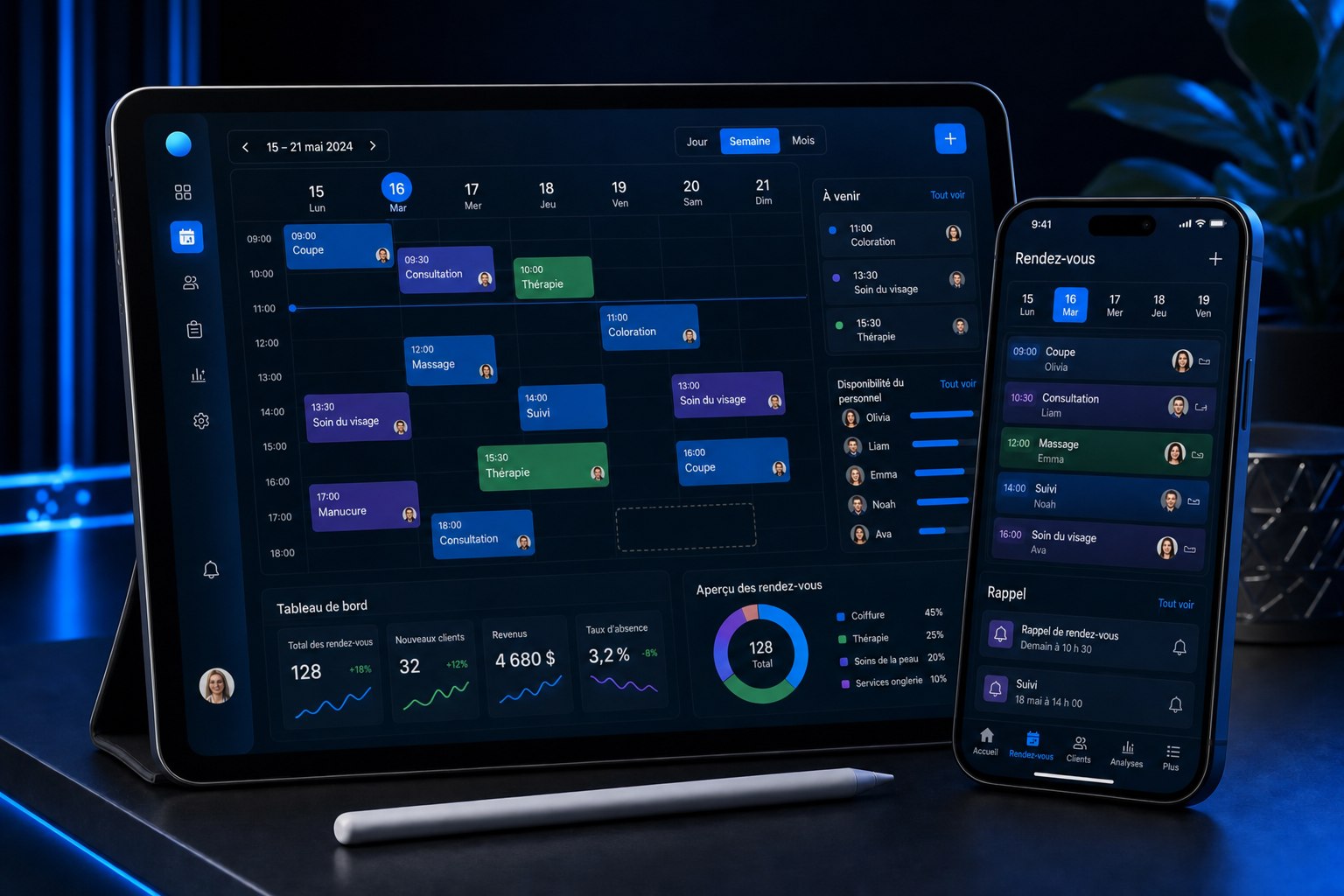 Système de gestion des rendez-vous et clients — interface du concept de solution