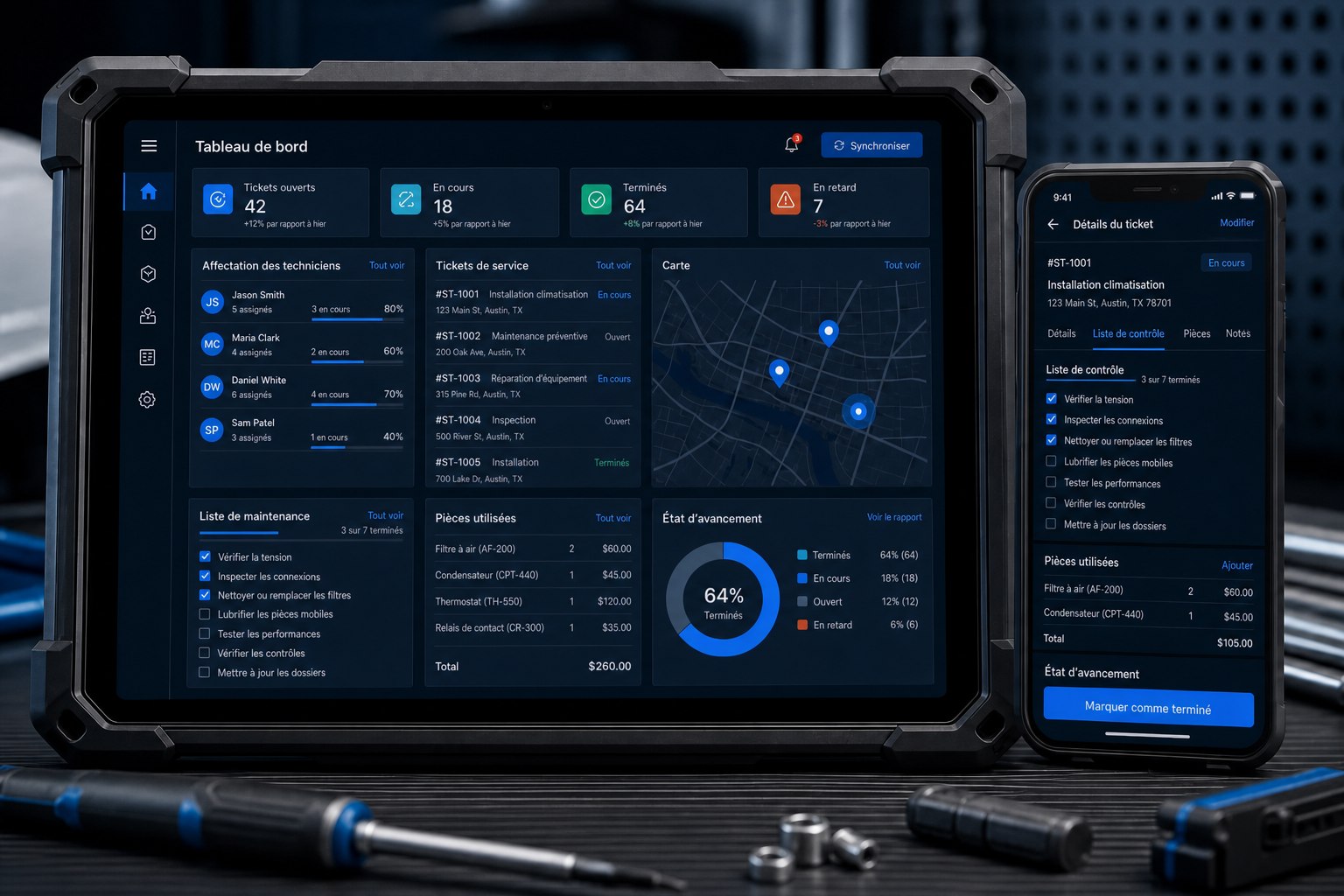 Gestion du service technique et de la maintenance — interface du concept de solution